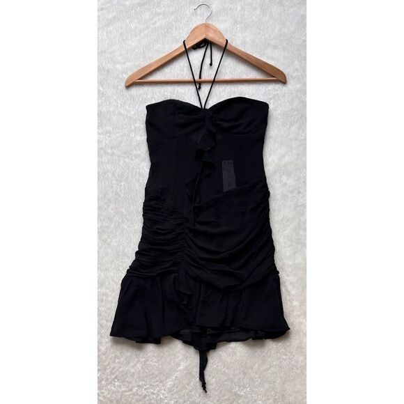 NWT Zara Black Ruffled Draped Halter Tie Mini Dress, Size Small - Picture 11 of 15